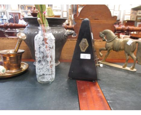 A Paquet metronome, a pewter jardiniere, a pair of brass candlesticks, a Halycon Days Easter Egg etc  