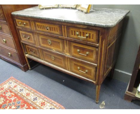 An 18th century Italian walnut commode with marble - damages, 82 x 113 x 48cm  