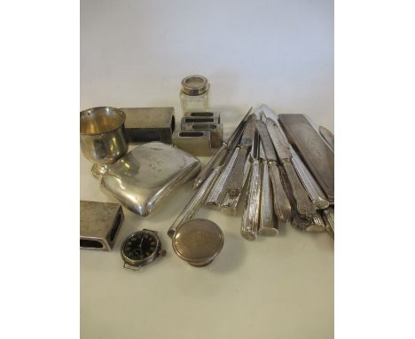 Various silver: matchbox sleeves, shaped flask, flatware and oddments  