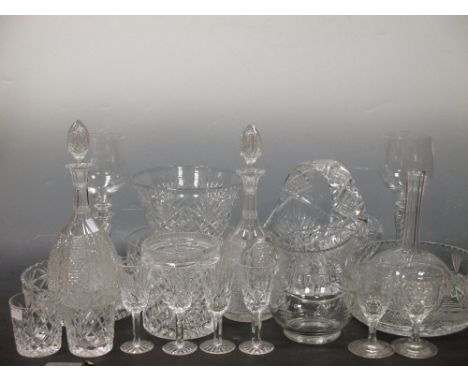A collection of glassware to include a pair of decanters, two large goblets etc  