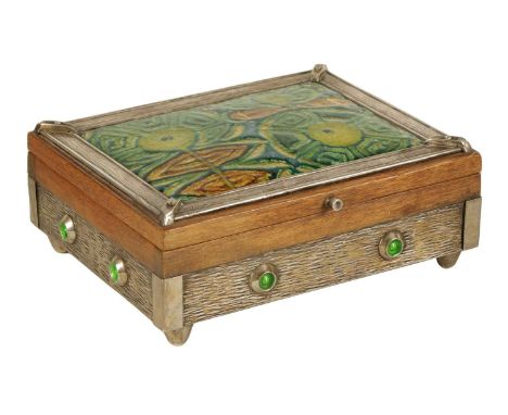 A 20TH CENTURY ARTS AND CRAFT STYLE SILVER MOUNTED AND ENAMEL WORK WALNUT JEWELLERY BOX the textured sides with plain corners