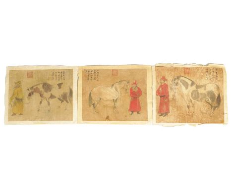 A SET OF THREE 19TH CENTURY CHINESE WATERCOLOURS depicting figures with horses, having Chinese script and seal marks - unfram