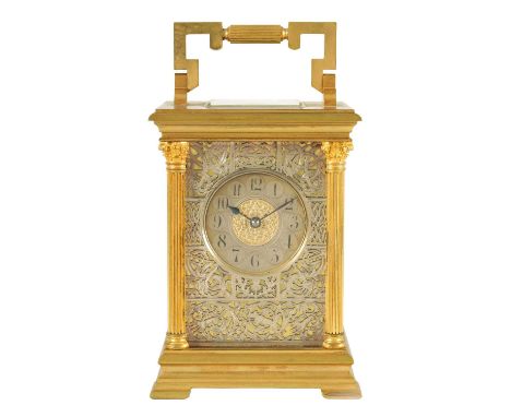 A LATE 19TH CENTURY GIANT FRENCH CARRIAGE CLOCK the gilt brass case with reeded Corinthian column corners enclosing a silvere