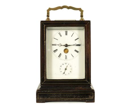 A 19TH CENTURY FRENCH EBONISED CARRIAGE CLOCK WITH MOONPHASE the rectangular case with brass string inlay and hinged brass ha