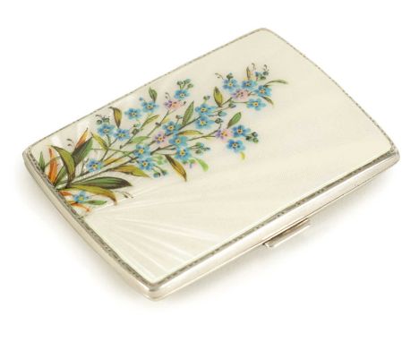 A MID 20TH CENTURY SILVER AND GUILLOCHE ENAMEL LADIES CIGARETTE CASE decorated with blue forget-me-nots on a white sunburst g