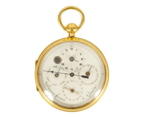 BONNA FRES A GENEVE NO. 2089. A SWISS MULTI DIAL OPEN FACED POCKET WATCH The gold plated case enclosing an enamel dial with o