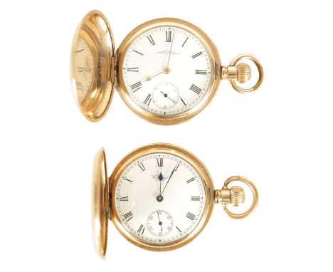 TWO GOLD PLATED FULL HUNTER WALTHAM POCKET WATCHES both with enamel dials and Roman chapter rings, fitted subsidiary seconds 
