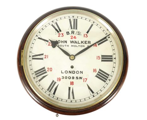 JOHN WALKER, 1 SOUTH MOLTON ST. LONDON. A LATE 19TH CENTURY FUSEE RAILWAY STATION CLOCK the oak case with moulded surround an