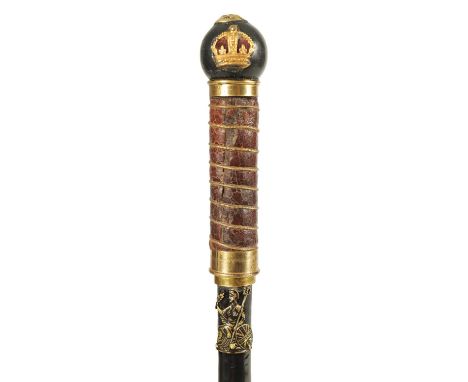 AN EARLY 20TH CENTURY EBONISED AND LEATHER MOUNTED SWORD STICK with brass crown and Britannia mounts, the leather grip with t