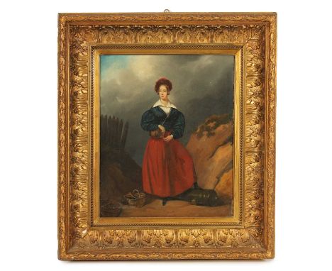 A 19TH CENTURY OIL ON CANVAS. FULL LENGTH PORTRAIT OF A YOUNG SCOTTISH LADY resting on a cannon with whiskey barrel - mounted
