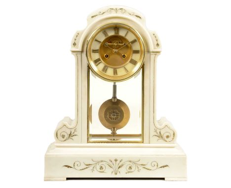 A LATE 19TH CENTURY FRENCH WHITE MARBLE MANTEL CLOCK the shaped arch top and moulded sides on a plinth base with engraved gil