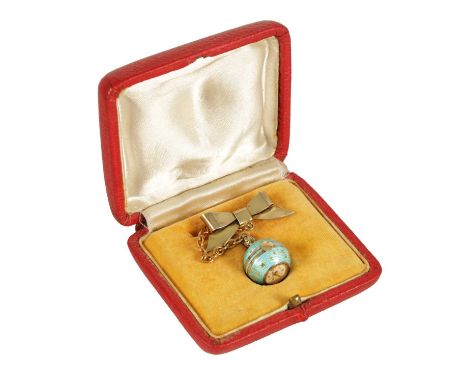 AN UNUSUAL MID 20TH CENTURY SWISS SILVER AND GUILLOCHE ENAMEL BALL WATCH BROOCH the 0.75" Arabic dial with odd number hour ma