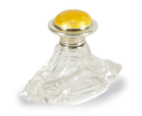 AN ART DECO SILVER AND GUILLOCHE ENAMEL CUT GLASS SCENT BOTTLE the flared silver lid with a yellow spiralling wavey pattern c