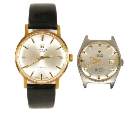 A GENTLEMAN'S TISSOT SEASTAR MANUAL WRISTWATCH on a black leather strap in original box TOGETHER WITH A SILVERED TISSOT VISOD