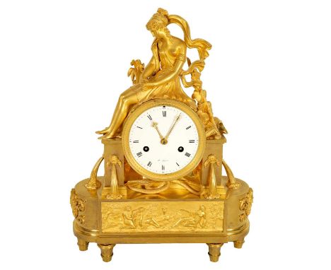 AN EARLY 19TH CENTURY FRENCH EMPIRE ORMOLU FIGURAL MANTEL CLOCK the 4.5" convex enamel dial with Roman numerals and outer min