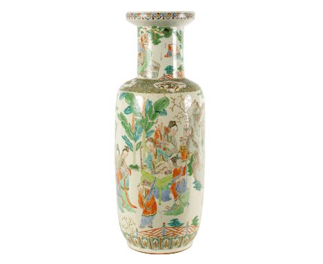 A LATE 18TH/EARLY 19TH CENTURY CHINESE FAMILLE VERTE CYLINDRICAL VASE with flared rim and slender neck, decorated with seated
