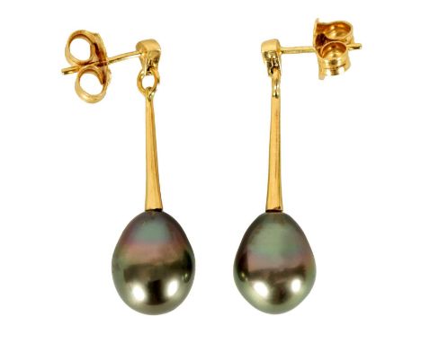 A LARGE PAIR OF 18CT GOLD AND BLACK PEARL DROP EARRINGS Total weight app. 7.8g36mm long