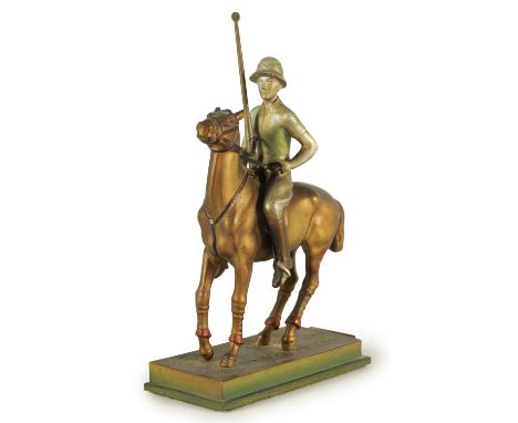 AN ART DECO AUSTRIAN COLD PAINTED METAL TABLE LIGHTER formed as a polo player on horseback, possibly after Josef Lorenzl21cm 