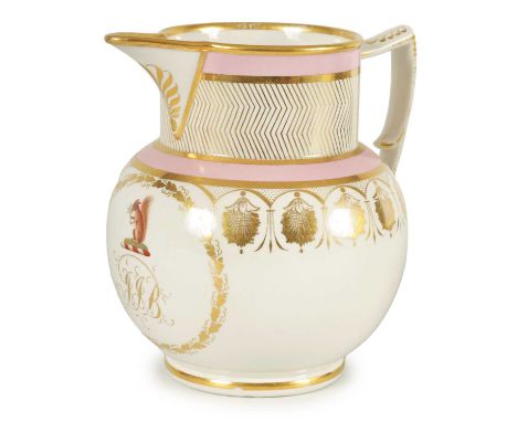 A LARGE EARLY 19TH CENTURY FLIGHT BARR &amp; BARR WORCESTER PRESENTATION JUG of bellied form with gilt banding enclosing a mo