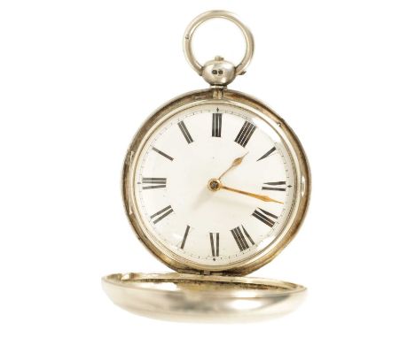 AN EARLY 20TH CENTURY SILVER FULL HUNTER VERGE MOVEMENT POCKET WATCH with enamel dial having Roman numerals fronting a key wo