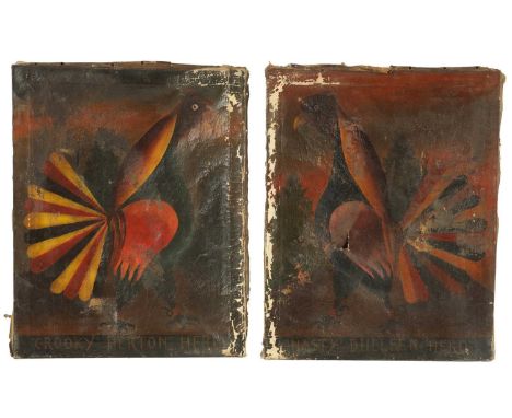 A PAIR OF 19TH CENTURY SCOTTISH NIAVE COCK FIGHTING PORTRAIT OILS ON CANVAS titled "Crooky" Herton Hero and "Nasty" Dulleen H
