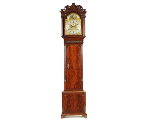 HADWEN, LIVERPOOL. A GEORGE III FIGURED MAHOGANY 8 DAY MOON DIAL LONGCASE CLOCK No. 315 the 13" arched brass dial with cherub