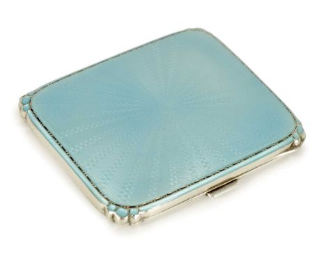 A GEORGE VI SILVER AND GUILLOCHE ENAMEL LADIES CIGARETTE CASE with light blue stitched sunburst pattern within engraved silve