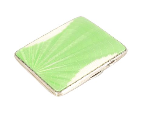 AN ART DECO SILVER AND GUILLOCHE ENAMEL CIGARETTE CASE with green sunburst ray and overall wave pattern within an engraved bo