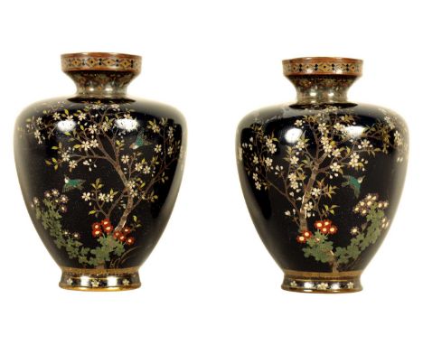 A SMALL PAIR OF JAPANESE MEIJI PERIOD CLOISONNE VASES dark blue ground and decorated with silver wired chrysanthemums spays a