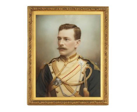 A 19TH CENTURY HAND-TINTED OPALOTYPE PORTRAIT BY RUSSELL, LONDON printed on white glass depicting a military gentleman in uni