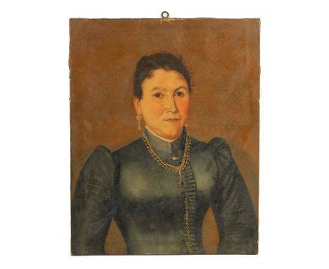 A 19TH CENTURY OIL ON CANVAS HALF LENGTH PORTRAIT depicting a Lady - unframed.62cm high 50cm wide The painting is in very goo