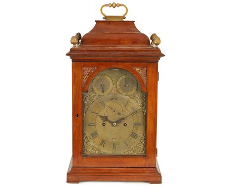 DANIEL DE SAINT LEU, WATCHMAKER TO HER MAJESTY, LONDON. A GEORGE III MAHOGANY VERGE BRACKET CLOCK the case with inverted bell