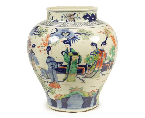 A 19TH CENTURY CHINESE FAMILLE NOIRE WUCAI BULBOUS VASE decorated with female figures in a garden setting44cm high without la