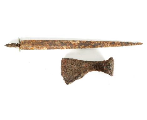 AN EXCAVATED SCOTTISH DIRK AND AXE HEAD 53cm overall 