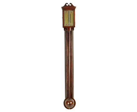 A MID 18TH CENTURY PROVINCIAL MAHOGANY STICK BAROMETER the swan neck pediment above a glazed door enclosing an engraved brass