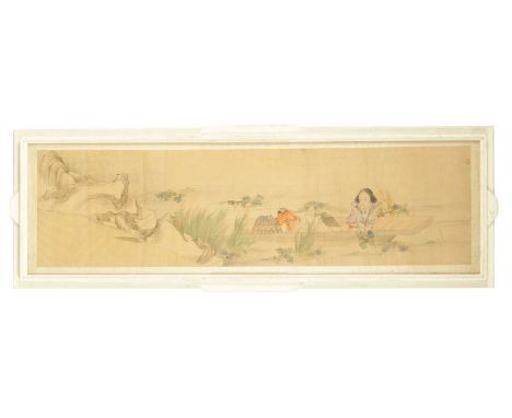 A 19TH CENTURY CHINESE WATERCOLOUR ON SILK PANEL depiciting a figural landscape - signed with red seal mark, mounted in glaze