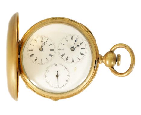 AN EARLY 20TH CENTURY SWISS DUAL DIAL CAPTAINS HUNTER POCKET WATCH the gold plated case with engine-turned decoration enclosi