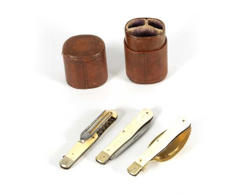 AN EARLY 19TH CENTURY TRAVELLING CAMPAIGN CUTLERY SET comprising a folding knife, fork and spoon with bone handles in a fitte