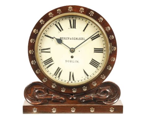 WEKLER &amp; SCHLEGEL, DUBLIN A LATE 19TH CENTURY MOTHER OF PEARL INLAID ROSEWOOD WALL CLOCK the 12" painted Roman dial front