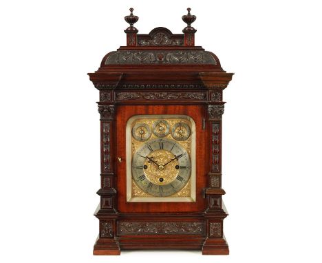 A LATE 19TH CENTURY TRIPLE FUSEE EIGHT BELL BRACKET CLOCK OF SMALL PROPORTIONS the carved mahogany case with leaf and floral 
