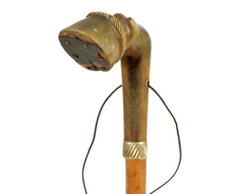 A LATE 19TH CENTURY HOOF HANDLED MOUNTAINEERING STICK - POSSIBLY RHINO HORN well carved and depicted with pierced strung wris