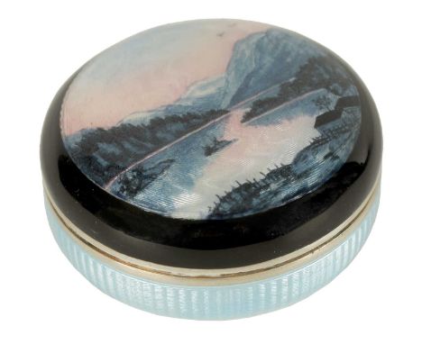 A LATE 19TH CENTURY/EARLY 20TH CENTURY SILVER AND GUILLOCHE ENAMEL CIRCULAR PILL BOX the top decorated with a mountainous lan