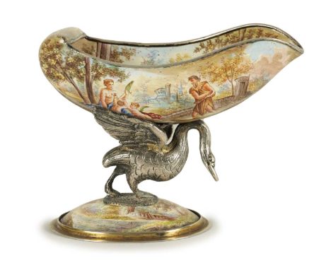 A 19TH CENTURY VIENNESE SILVER AND ENAMEL TABLE SALT of shell form supported by a silver swan mounted on an oval base depicti