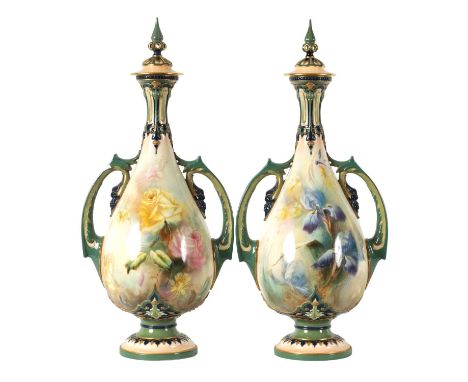 A FINE PAIR OF HADLEYS’ WORCESTER LARGE CABINET VASES AND COVERS of footed two-handled tapering bulbous form with leaf moulde