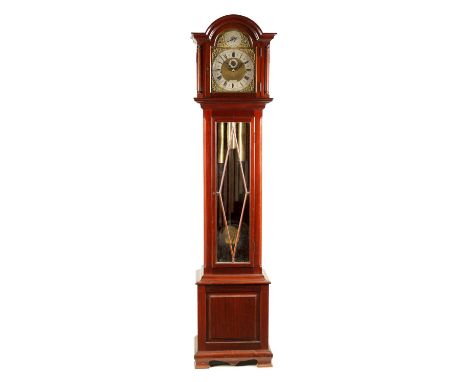 REID. AN EDWARDIAN MAHOGANY THREE TRAIN WEIGHT DRIVEN QUARTER CHIMING LONGCASE CLOCK the 10" arched brass dial with crown and