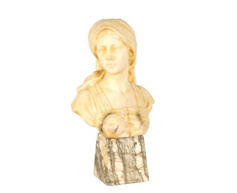  A 19TH CENTURY FRENCH ALABASTER SCULPTURE OF AN ART NOUVEAU YOUNG LADY SIGNED BLASCHE depicted wearing a head scarf on a vei