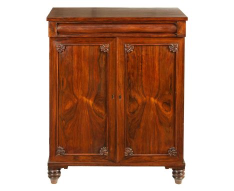 A LATE REGENCY ROSEWOOD COLLECTORS CABINET with moulded shaped top drawer above a pair of panelled hinged doors revealing a s