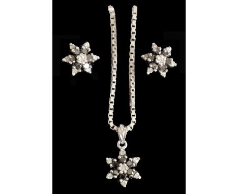 A SET OF VINTAGE 9CT WHITE GOLD BLACK DIAMOND NECKLACE AND EARRINGS with six-point stars on a square box chain, total weight 