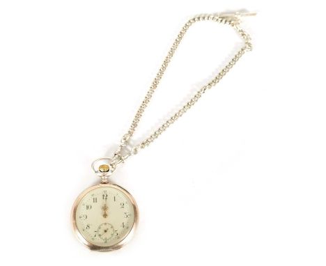 A SILVER ART NOUVEAU FULL HUNTER POCKET WATCH AND CHAIN with enamel dial, Arabic numerals and subsidiary seconds dial frontin