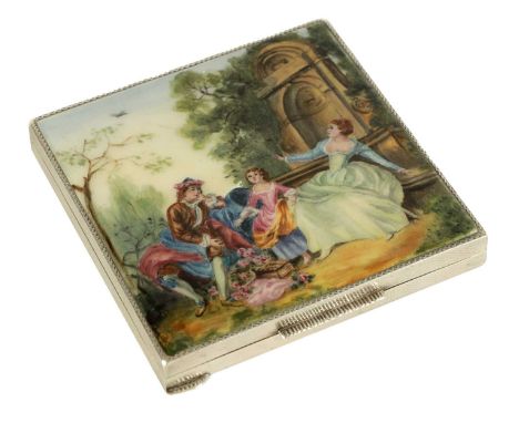 AN ASPREY, LONDON SILVER AND ENAMEL SQUARE POWDER COMPACT the hinged lid decorated with painted figural country garden scene 